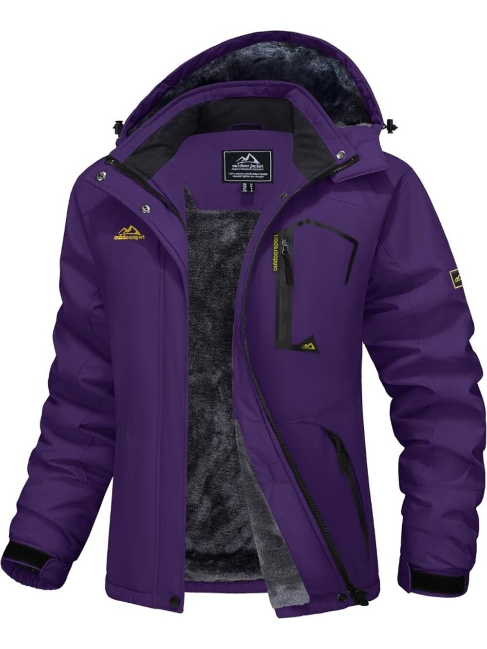 Women Purple Band Collar Multiple Pockets Insulated Thermal Ski Jackets
